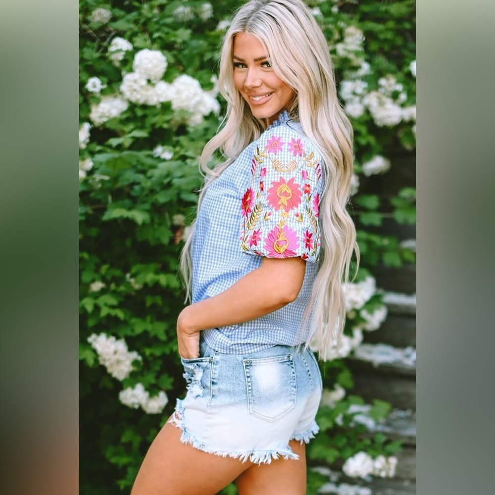 Blue Gingham Top with Floral Embroidered Puff Sleeves and frill neck NWOT